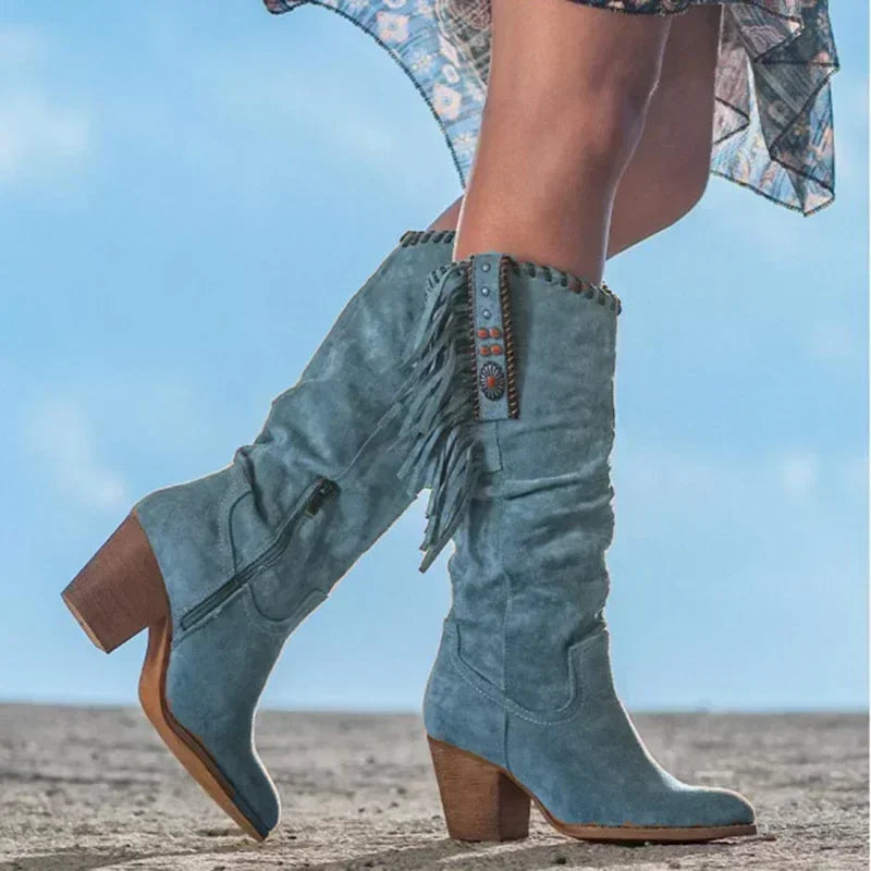 Fringe & turquoise studded slouchy western mid-calf boots for women, perfect for country style with block heel comfort.