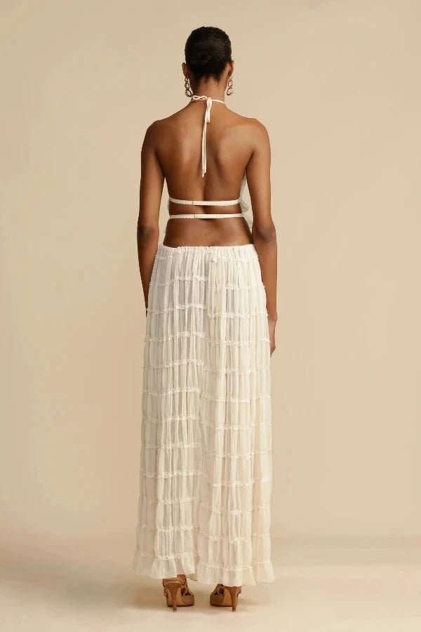 Woman modeling a comfortable White Bliss printed two-piece lounge co-ord set for casual fashion.