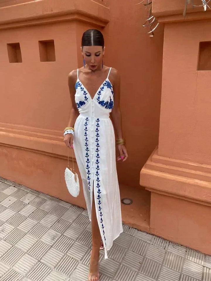 Women's white boho embroidered maxi dress, perfect for wedding guests, garden parties, or summer special occasions.