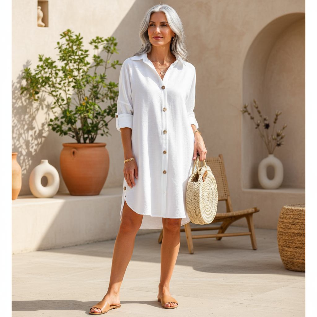 Women's white button-down shirt dress, relaxed fit, perfect for summer style & casual day wear.