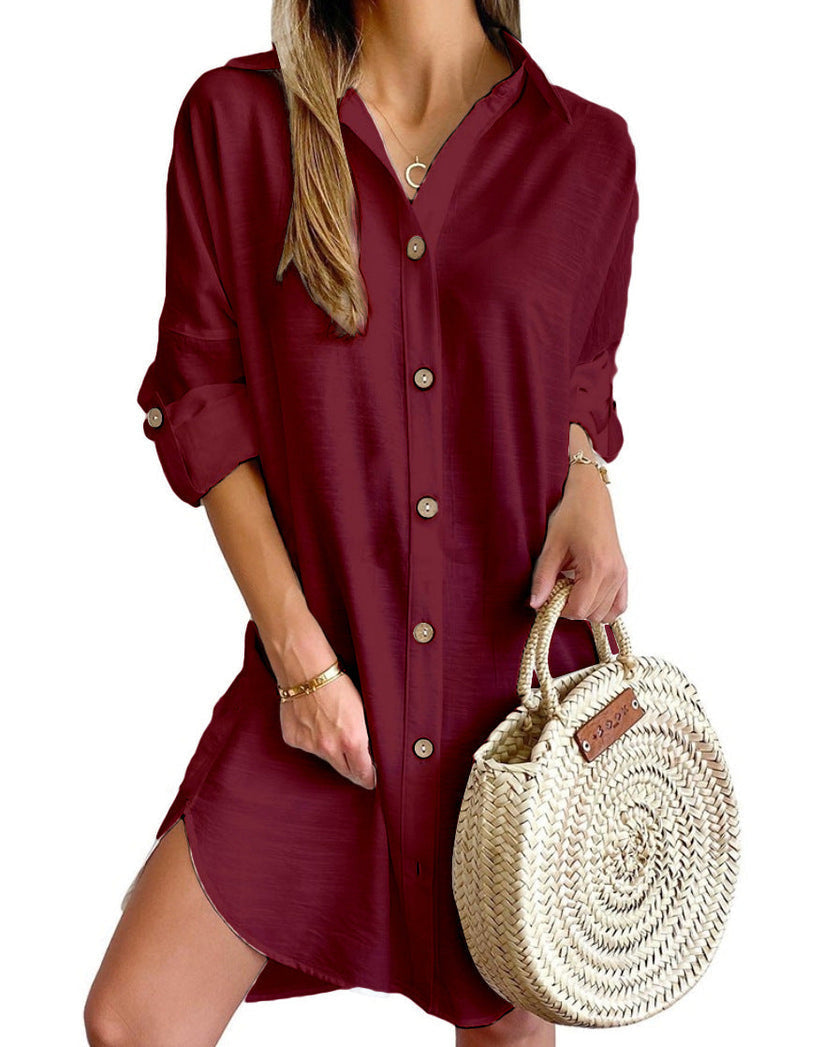 Women's button-down day dress, white, relaxed fit, perfect for summer, beach, or casual outings.