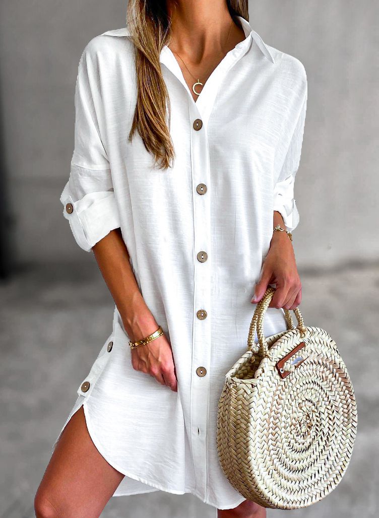 Casual button-down summer dress for women, above knee length, versatile for vacation outfits.