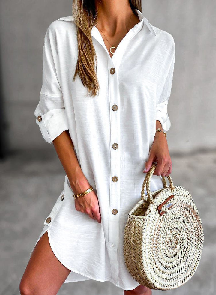 Casual button-down summer dress for women, above knee length, versatile for vacation outfits.