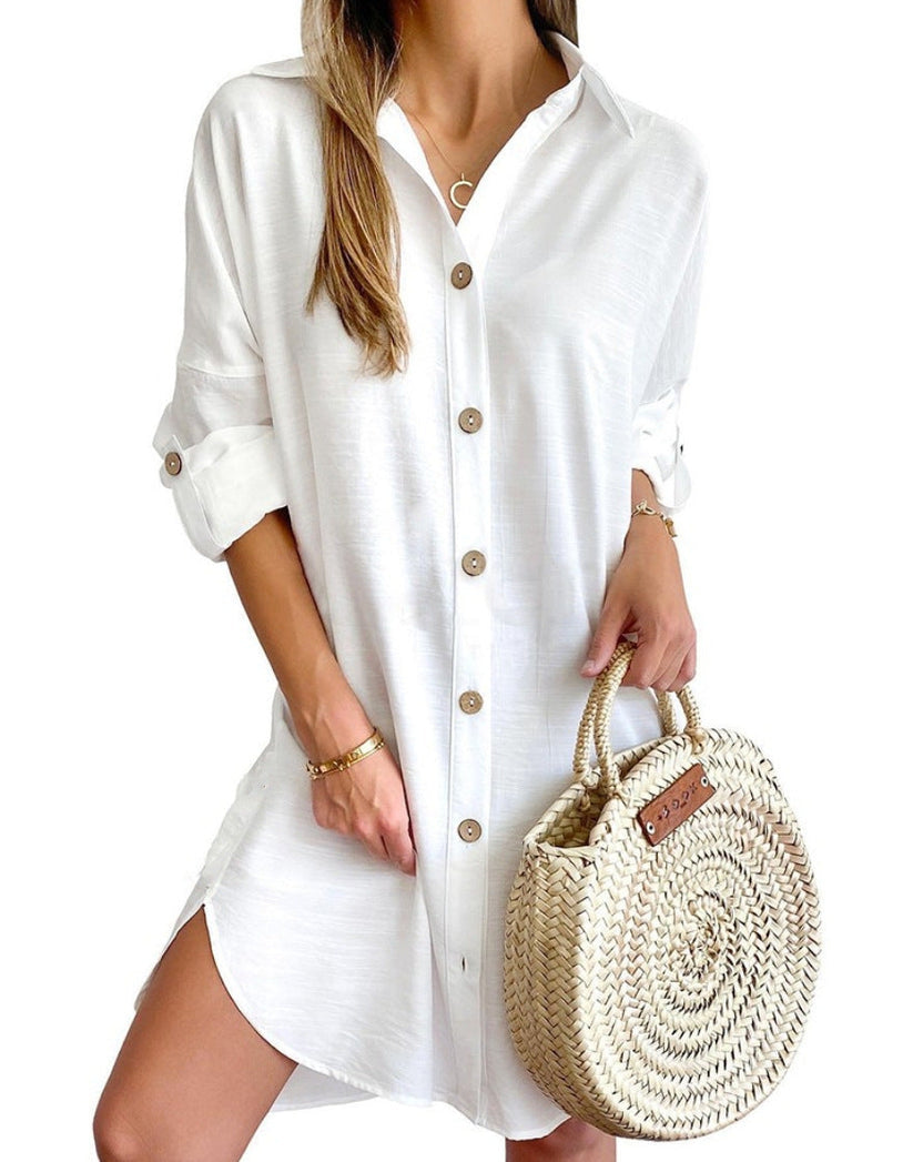 Relaxed fit women's button-down shirt dress, perfect for easy summer style and warm weather.