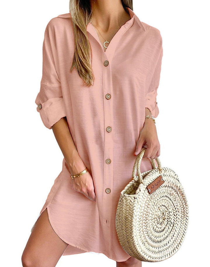 Oversized white shirt dress, women's effortless style, great for beach days or casual summer wear.