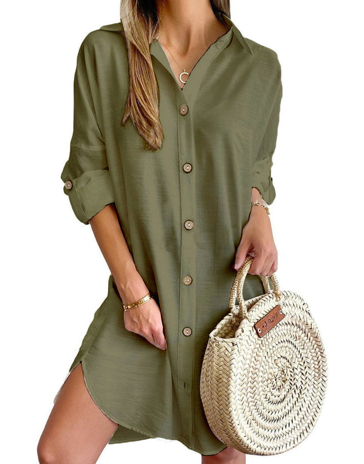 Versatile women's button-down dress, above knee, designed for summer vacations and daily comfort.