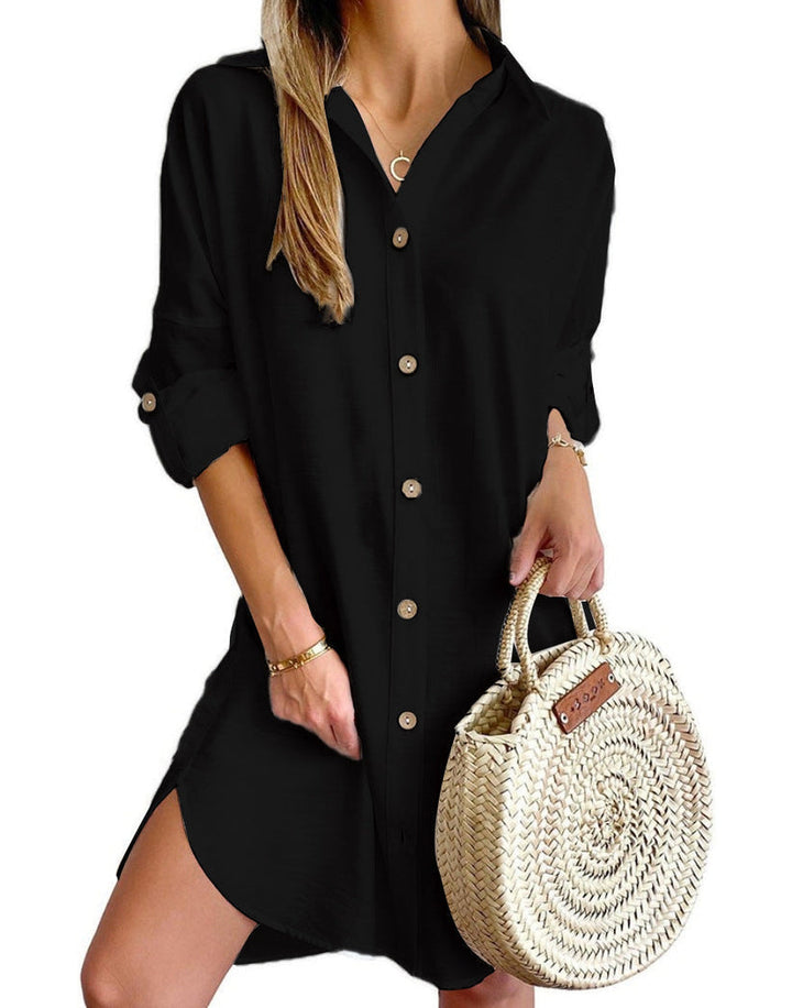 Women's short sleeve shirt dress, button-down, relaxed fit, perfect for warm weather effortless style.