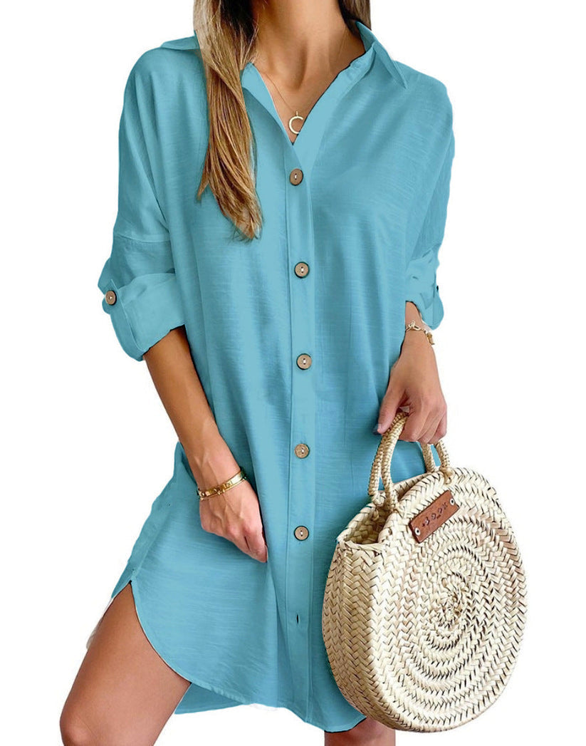 Casual women's button-down dress, above knee, perfect for a relaxed fit summer day or vacation.