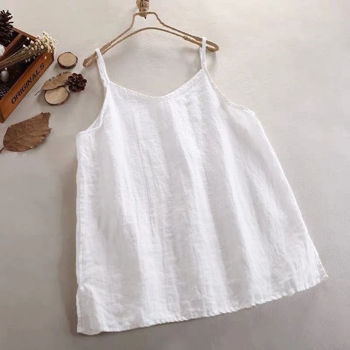 Casual women's linen cami top with thin straps, a comfortable and airy summer essential.