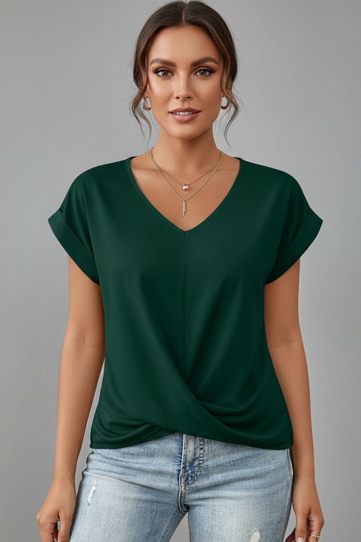 Comfortable purple V-neck t-shirt for women, a basic short sleeve top.