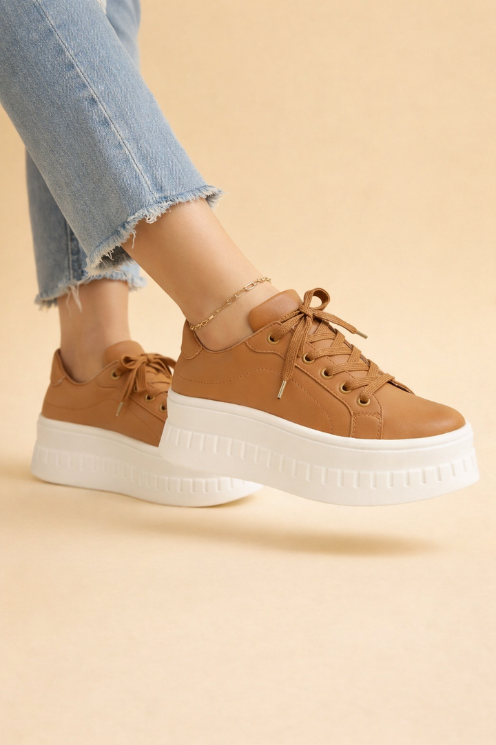 Women's white platform sneakers with cushioned sole. Ideal for all-day comfort & everyday casual style. Trendy lace-up design.