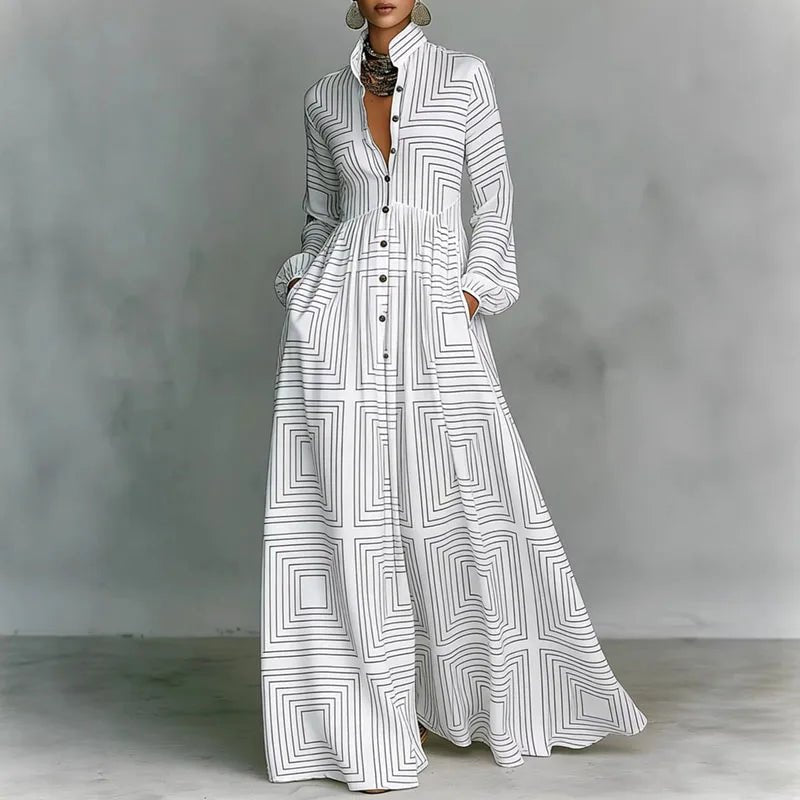 Women's white printed bohemian maxi dress with long sleeves, high waist, and button front for summer fashion.