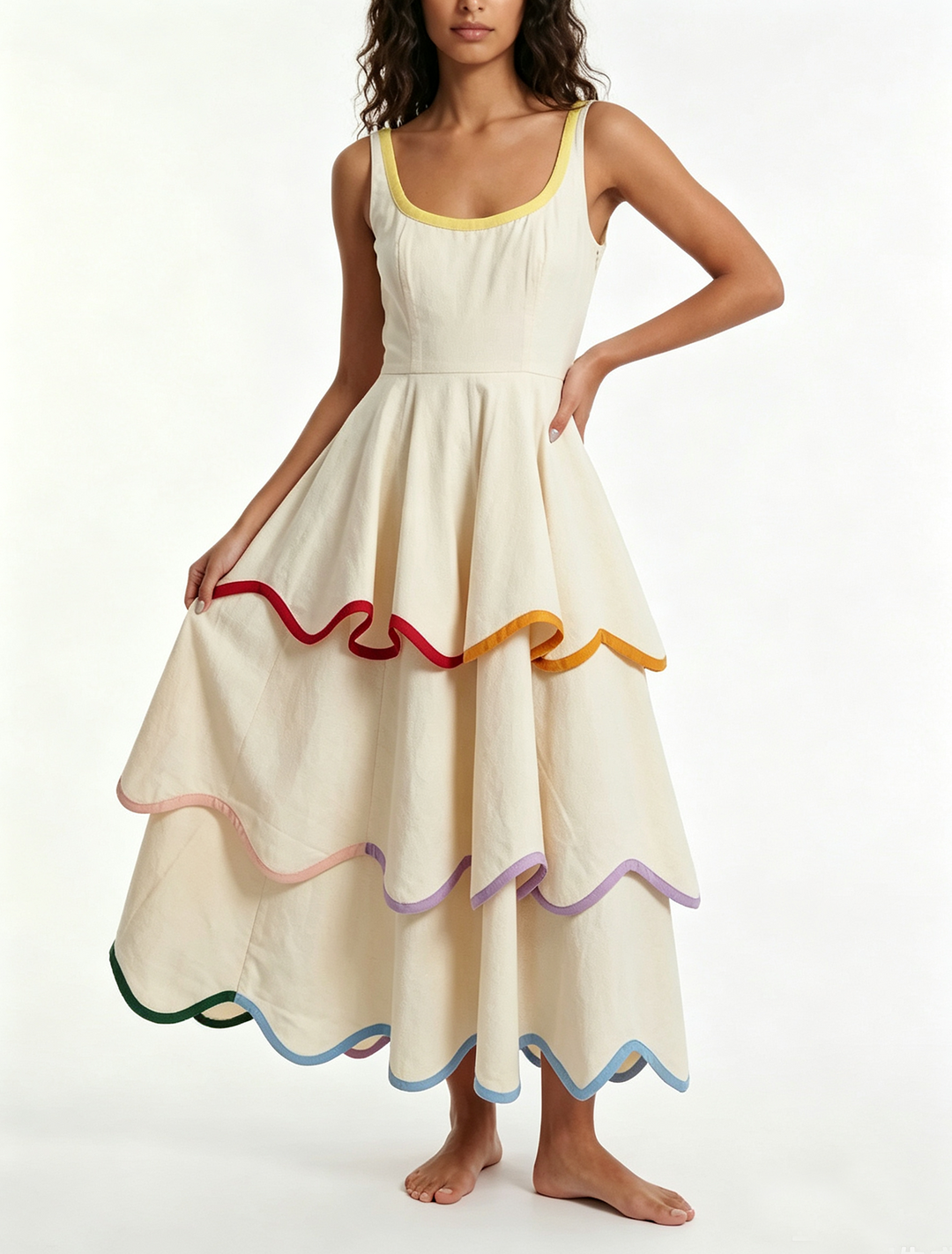Women's white tiered maxi dress with vibrant rainbow trim. Perfect sleeveless summer beach & party outfit.