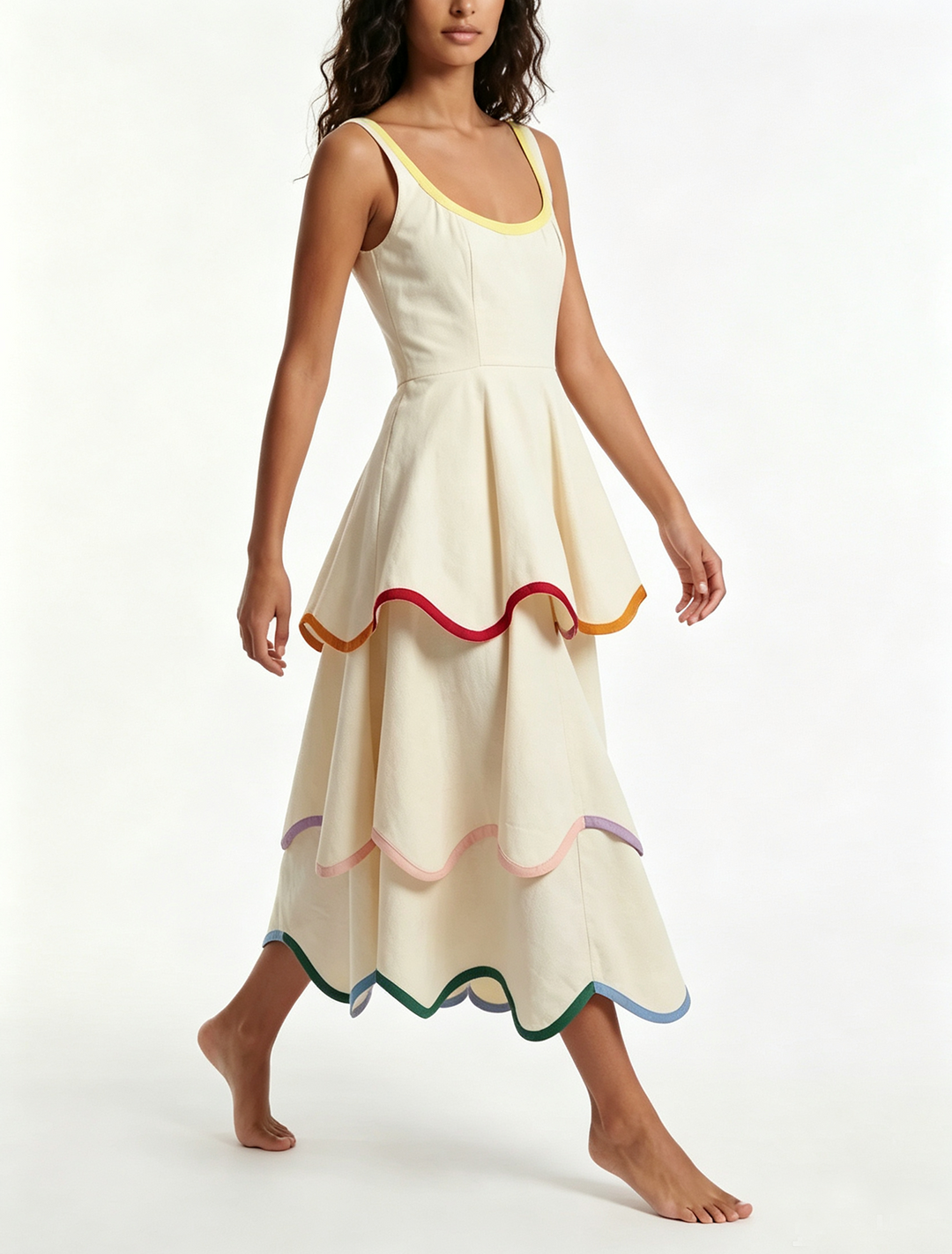 Boho white tiered maxi dress for women, featuring colorful rainbow trim. Ideal for summer parties & beach days.