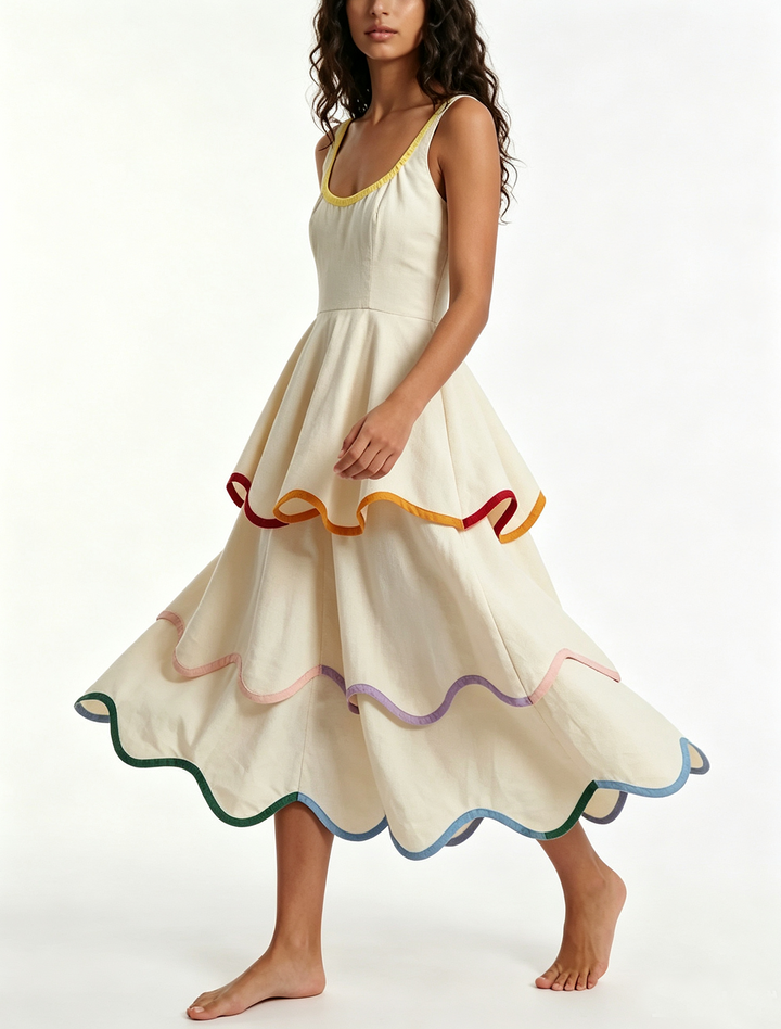 Sleeveless white tiered maxi dress with eye-catching rainbow trim. A chic women's boho summer & beach party essential.