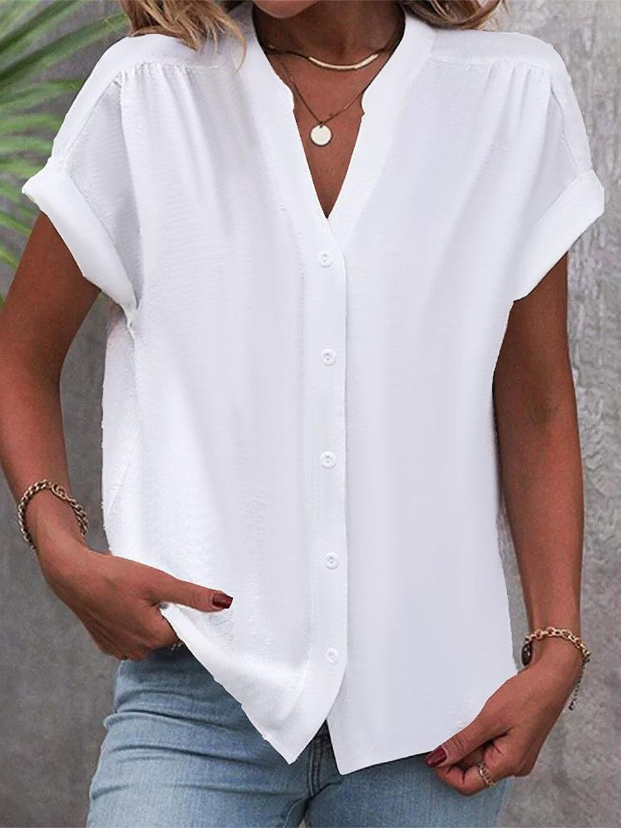 Women's white v-neck button-up short sleeve blouse for summer casual wear. Relaxed fit, lightweight, everyday chic top.