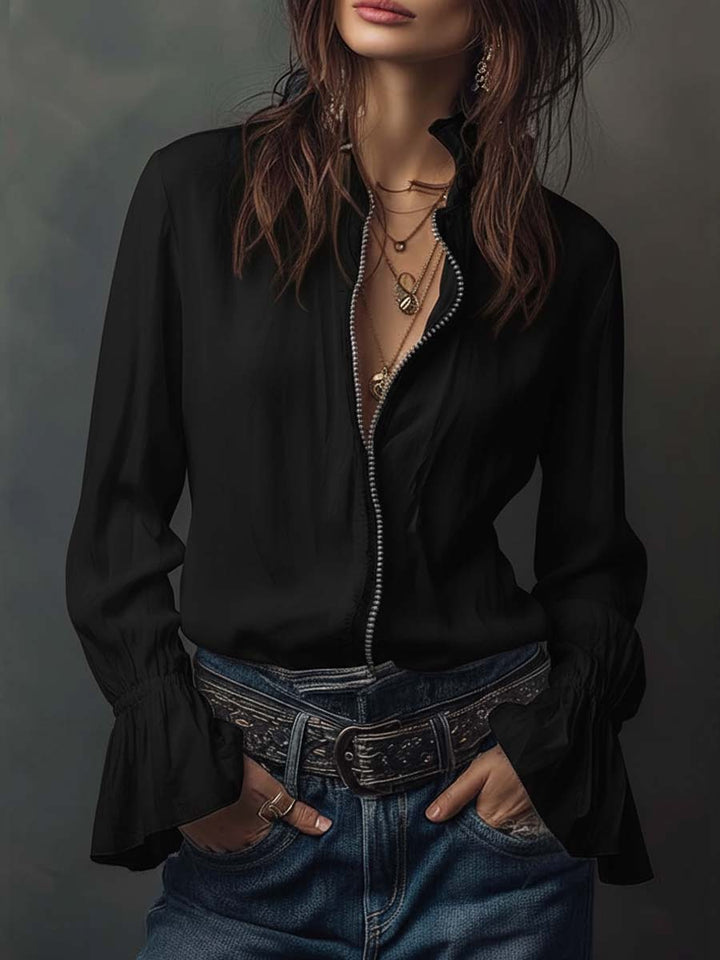 Modern white long-sleeve blouse for women, with a chic zip-front and elegant bell cuffs. Versatile and stylish.