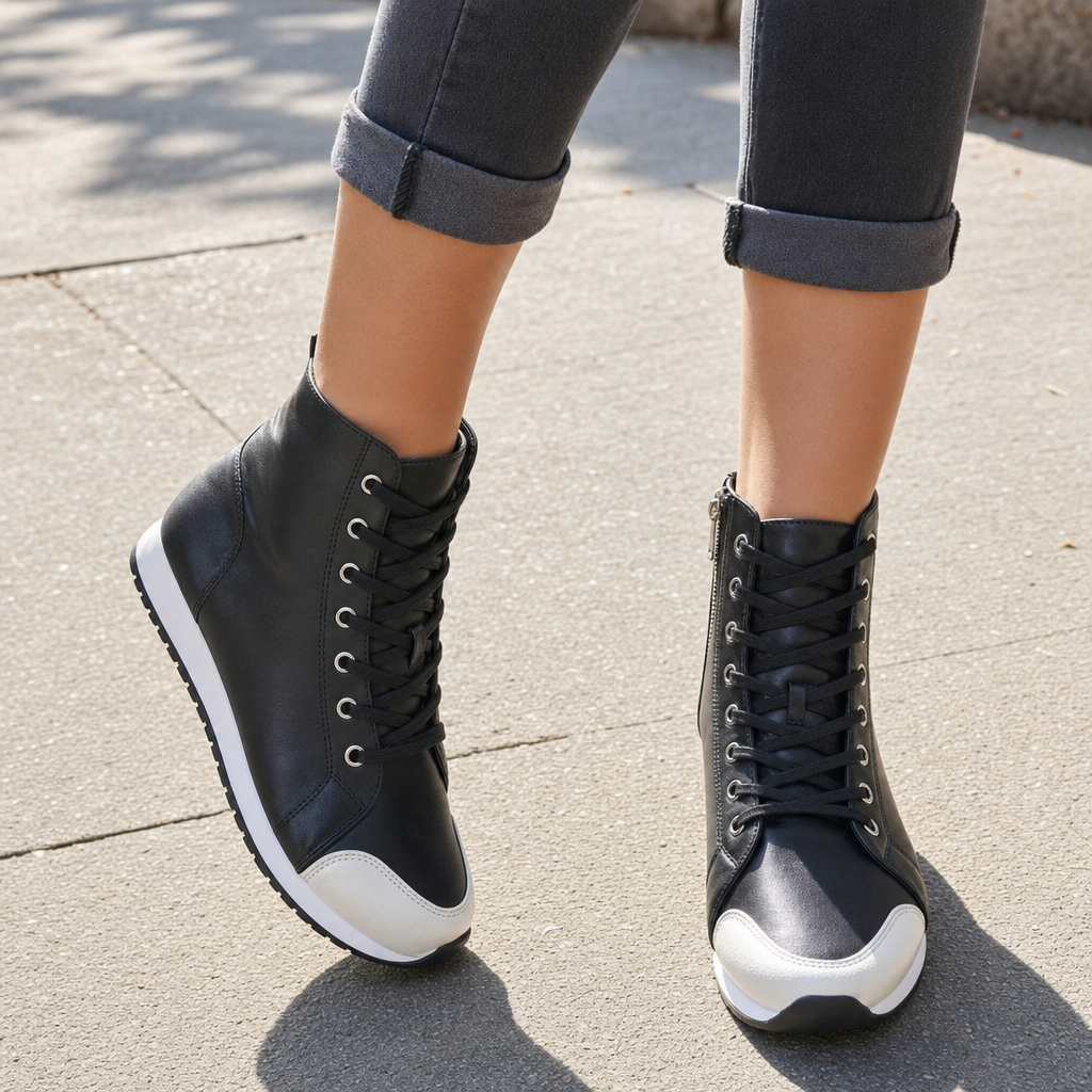 Black women's wide fit orthopedic lace-up sneaker, ideal for walking & everyday wear.