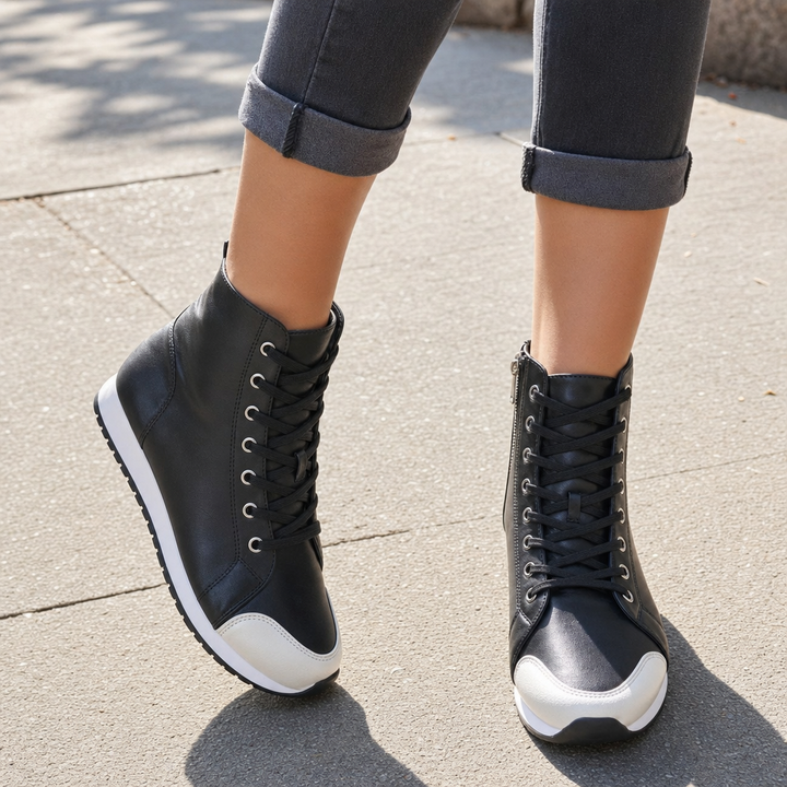 Black women's wide fit orthopedic lace-up sneaker, ideal for walking & everyday wear.