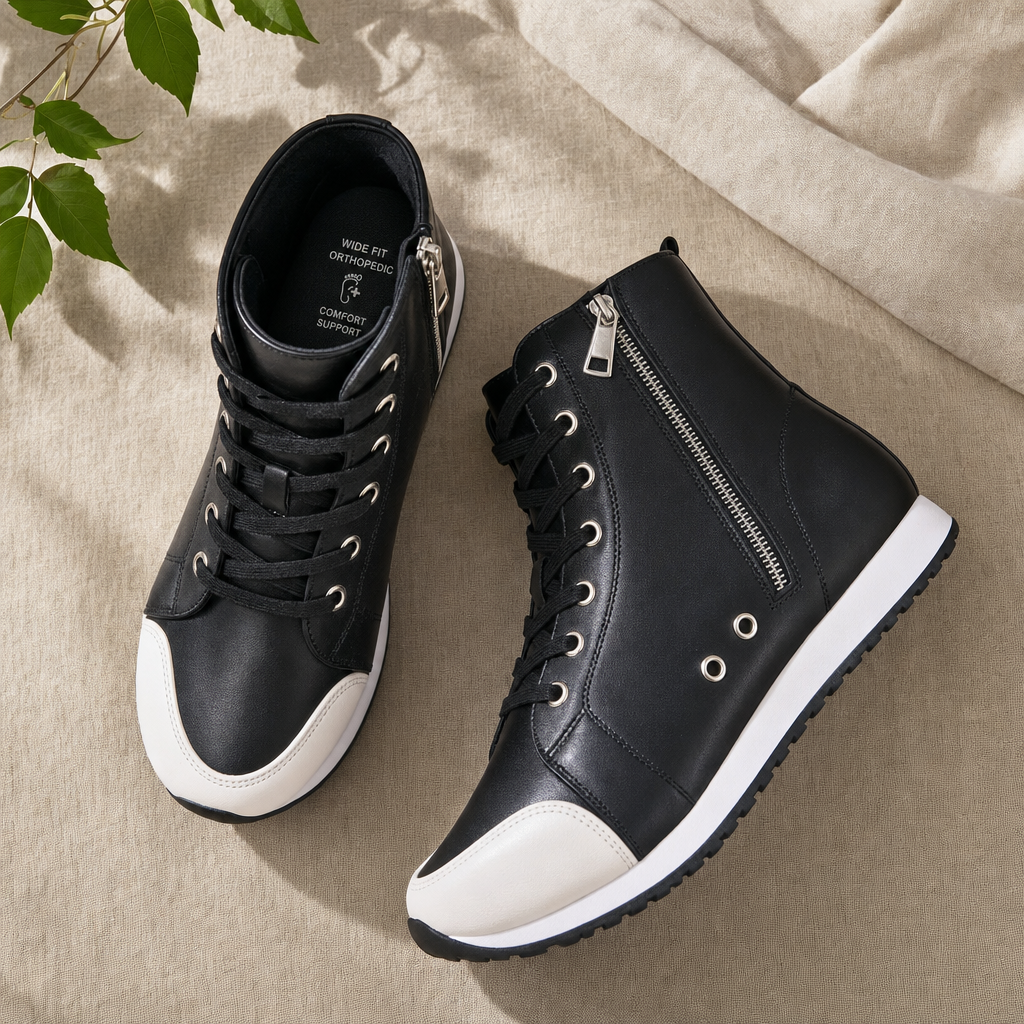 White women's orthopedic sneaker with arch support, wide fit, perfect for casual comfort.
