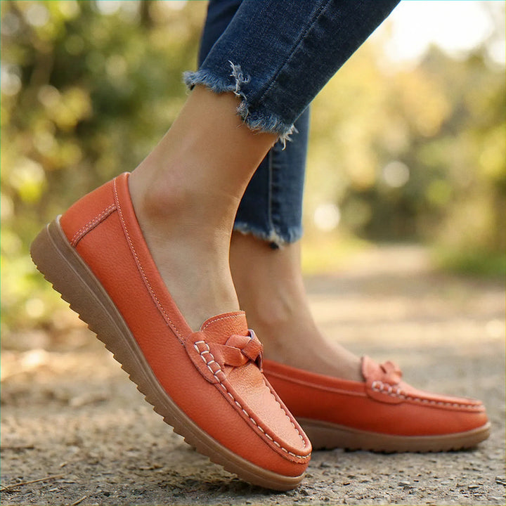 Tan casual wide fit loafers for women, arch support, orthopedic comfort.