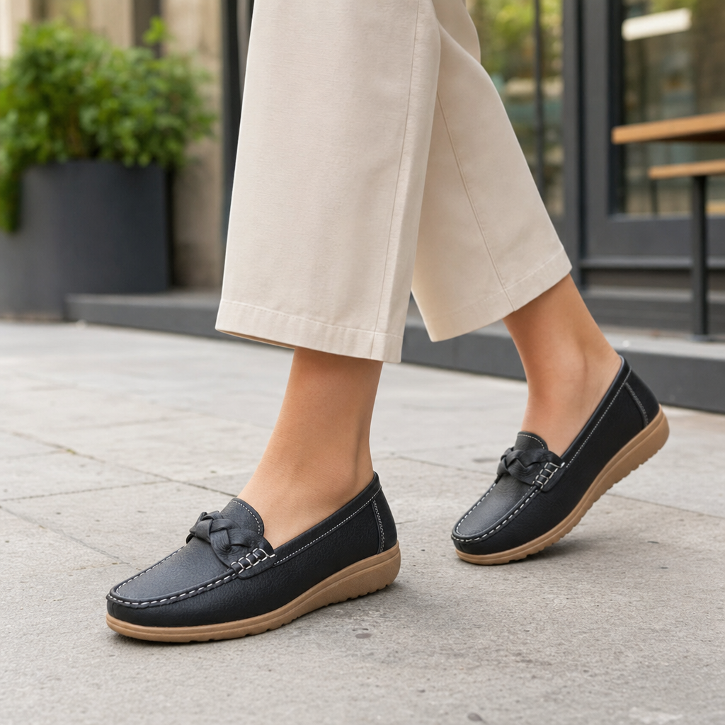 Black wide fit slip-on women's loafers, orthopedic with arch support.