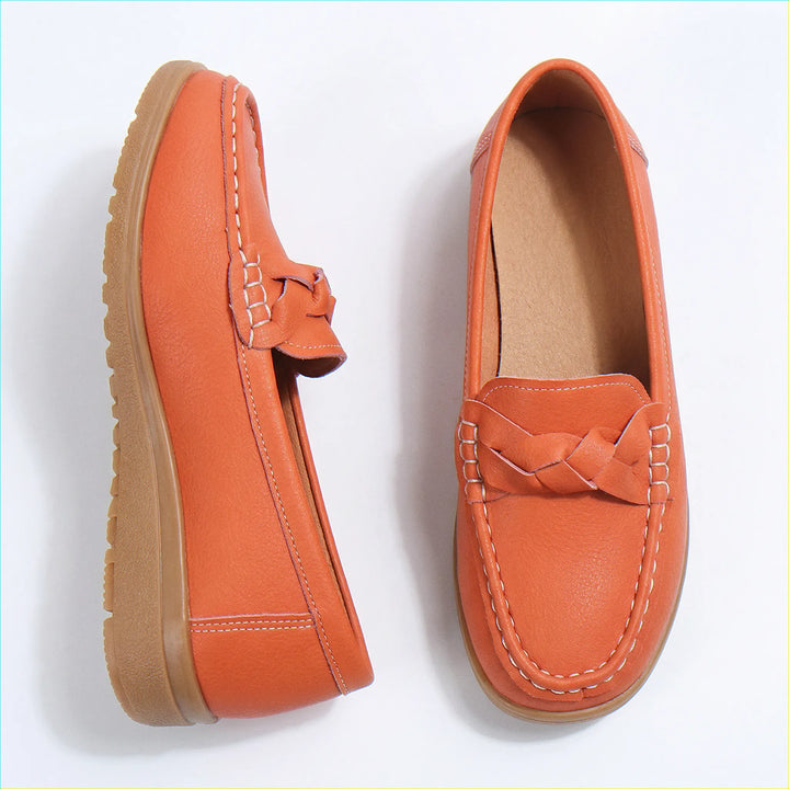 Brown orthopedic women's loafers, wide fit, arch support, comfortable footwear.