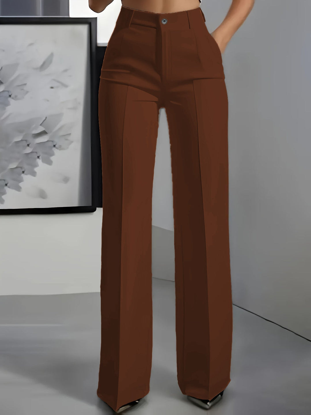 Stylish women's wide-leg high-waist trousers, a structured fit makes them perfect for office, casual, or fashion looks.