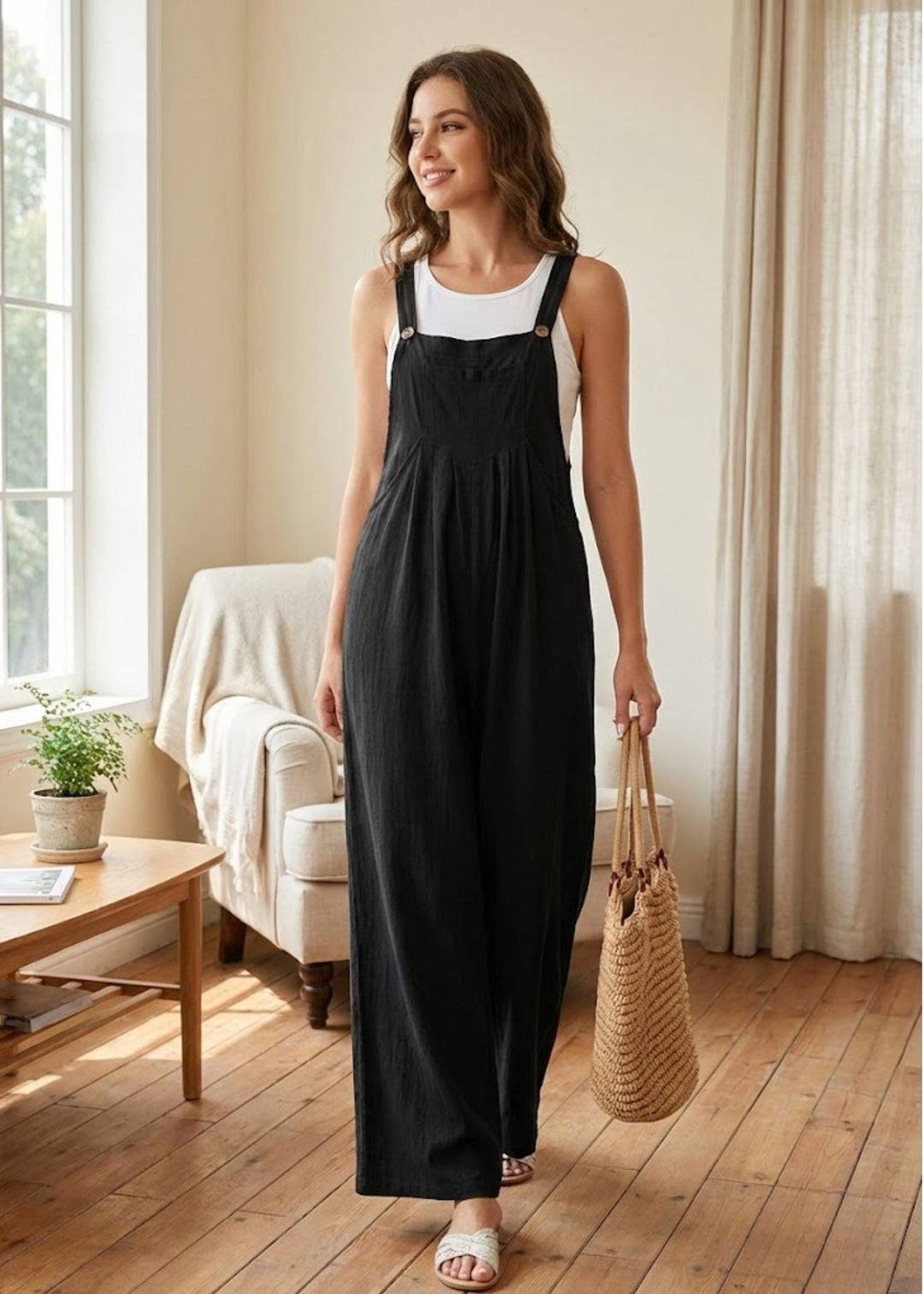 Women's wide leg jumpsuit with adjustable straps & pockets. Stylish summer casual fashion, perfect for comfort.
