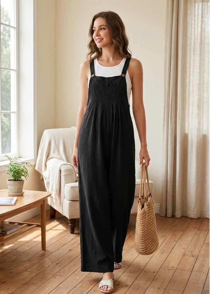 Women's wide leg jumpsuit with adjustable straps & pockets. Stylish summer casual fashion, perfect for comfort.