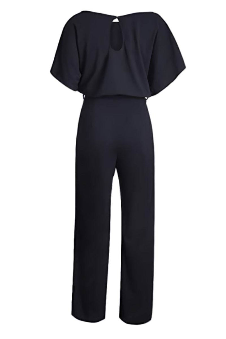 Women's fashionable wide-leg jumpsuit. Batwing sleeves, a flattering belt, & comfortable, versatile design.