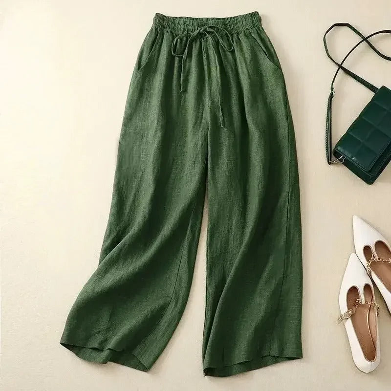 Women's wide-leg linen blend pants with drawstring waist, light brown, for casual summer wear