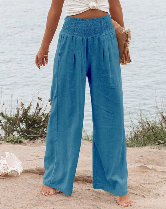 Versatile women's wide leg summer pants, elastic waist, great for beach wear, vacation outfits, or daily casual.