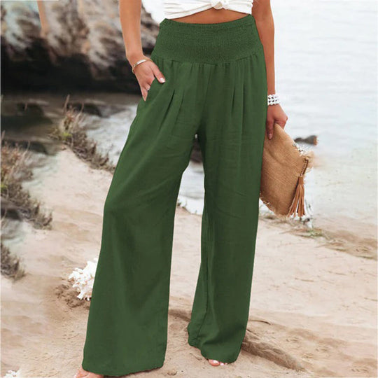 Comfortable women's summer pants, wide leg with elastic waist, ideal for casual wear & all-day comfort.