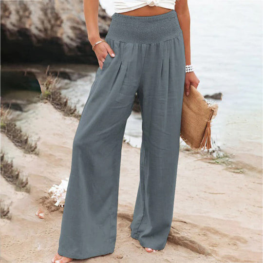 Soft, comfortable wide leg summer pants for women, relaxed fit & elastic waist, great for warm weather apparel.