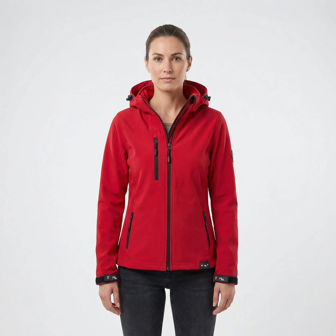 Women's windproof softshell jacket with hood, full zip, and pockets for outdoor activewear.