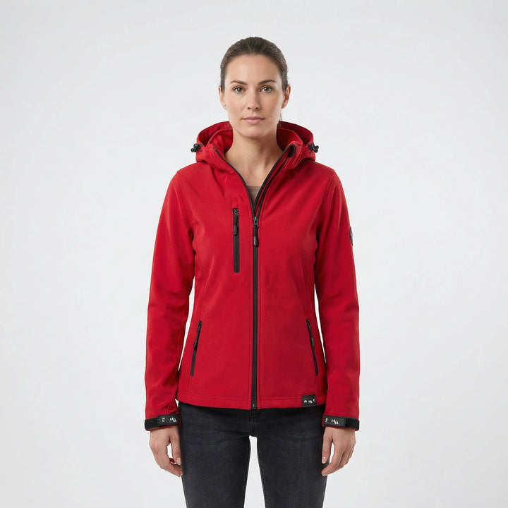 Women's windproof softshell jacket with hood, full zip, and pockets for outdoor activewear.