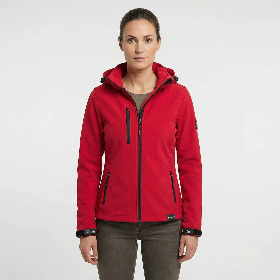 Lightweight women's hooded softshell jacket, windproof, with full zip and practical pockets for casual wear.