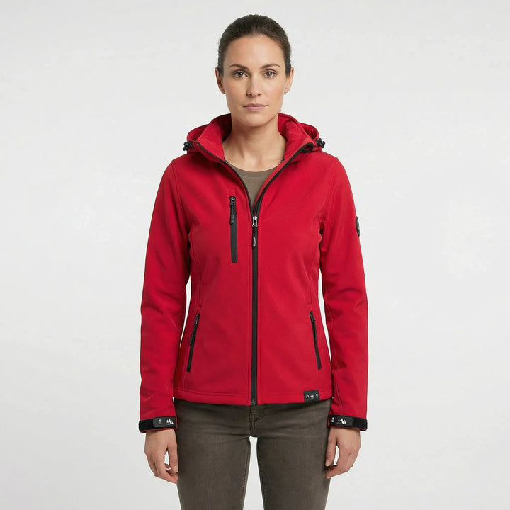 Lightweight women's hooded softshell jacket, windproof, with full zip and practical pockets for casual wear.