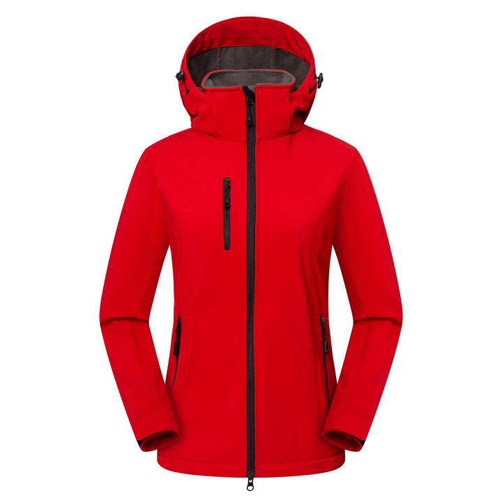 Stylish women's casual softshell jacket, hooded, windproof, with full zip and pockets. Perfect for daily wear.