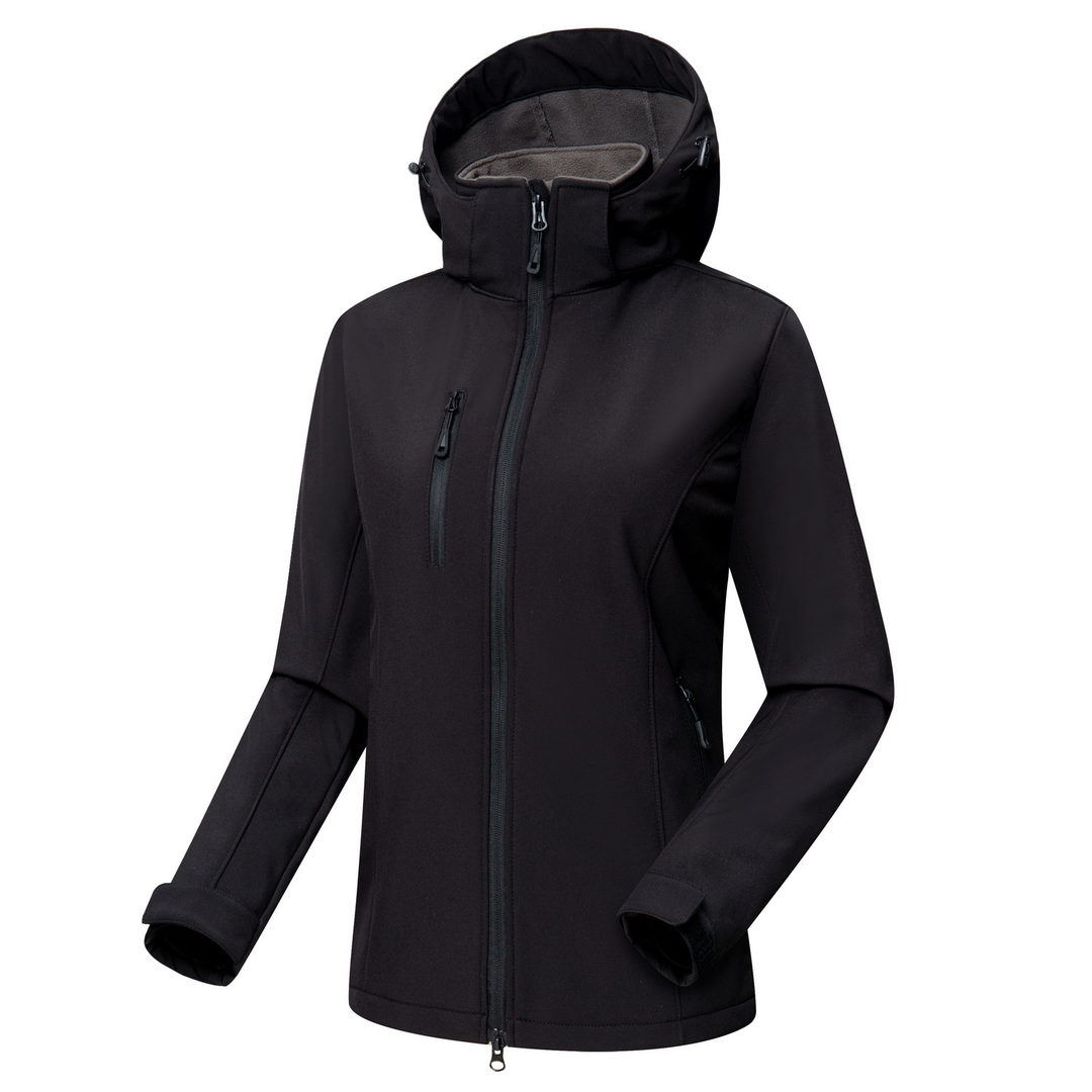 Durable women's windproof hooded softshell jacket featuring a full zip and multiple functional pockets.