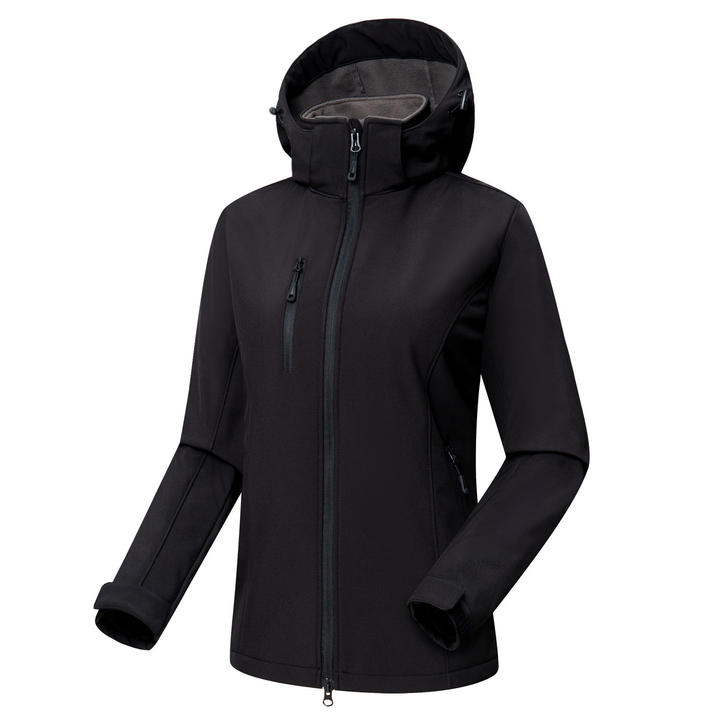 Durable women's windproof hooded softshell jacket featuring a full zip and multiple functional pockets.