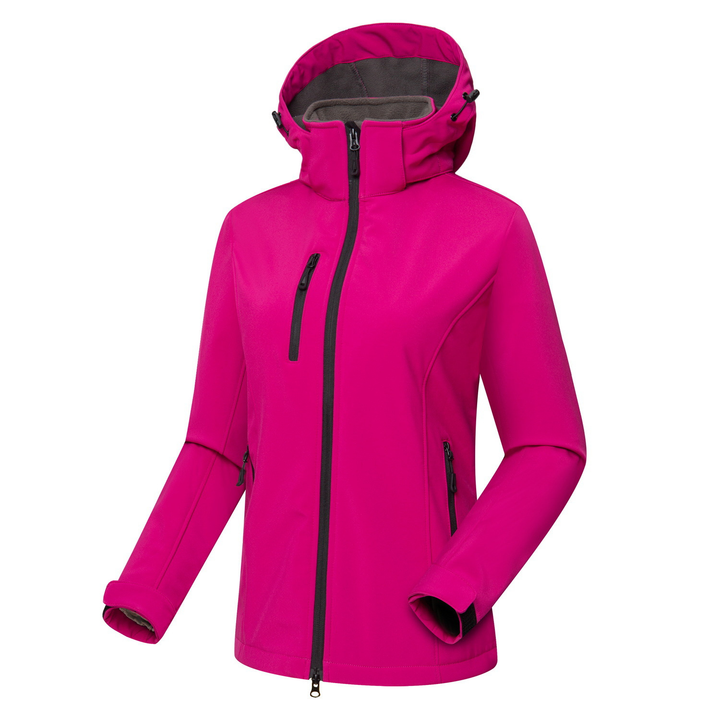 Women's windproof hooded softshell jacket with full zip closure, offering protection and secure pockets for essentials.