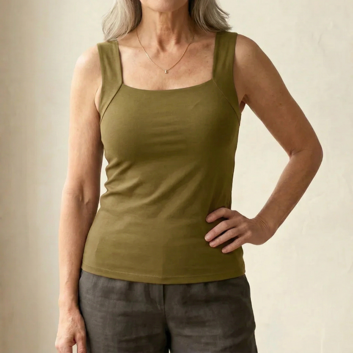 Sleeveless women's built-in bra tank top, great for layering or wearing alone with wire-free comfort.