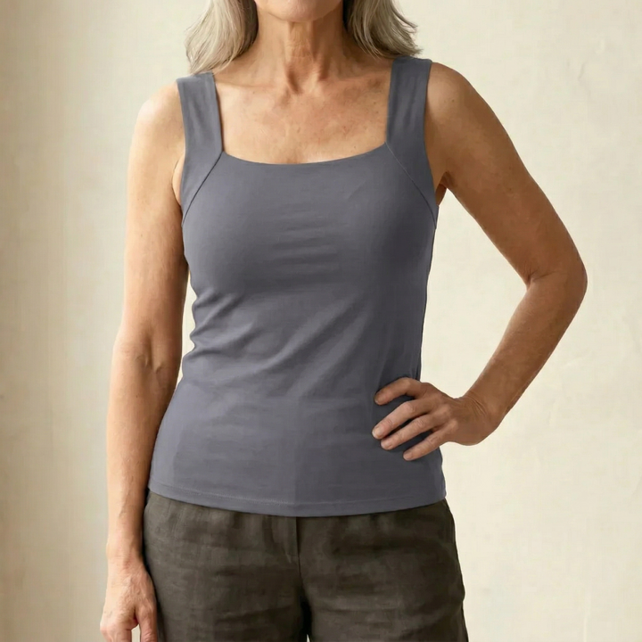 Grey women's built-in bra tank top, offering wire-free support and comfort for active lifestyles.
