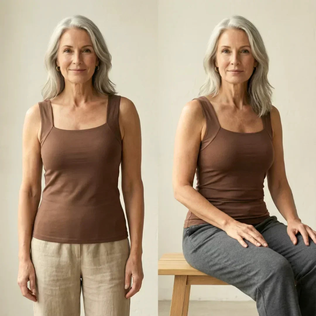 Woman wearing a versatile white built-in bra tank top, offering wire-free comfort and sleek style.