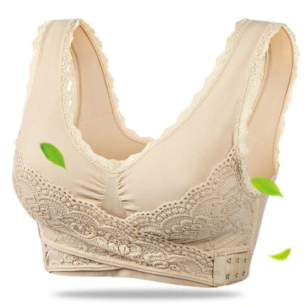 Delicate lace details on a women's wireless comfort bra with side closure.