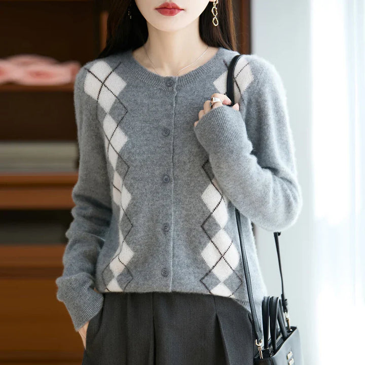 O-neck women's wool knit cardigan, featuring exquisite diamond stitching and classic button front.