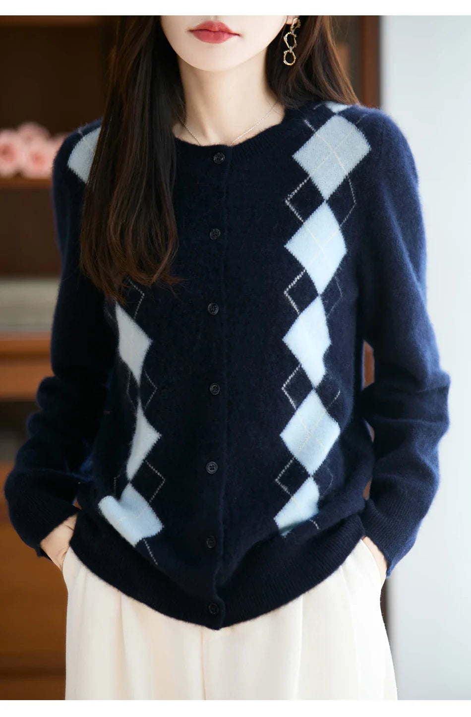 Stylish women's wool knit cardigan, O-neck, luxurious cashmere feel, diamond stitch, perfect for winter.