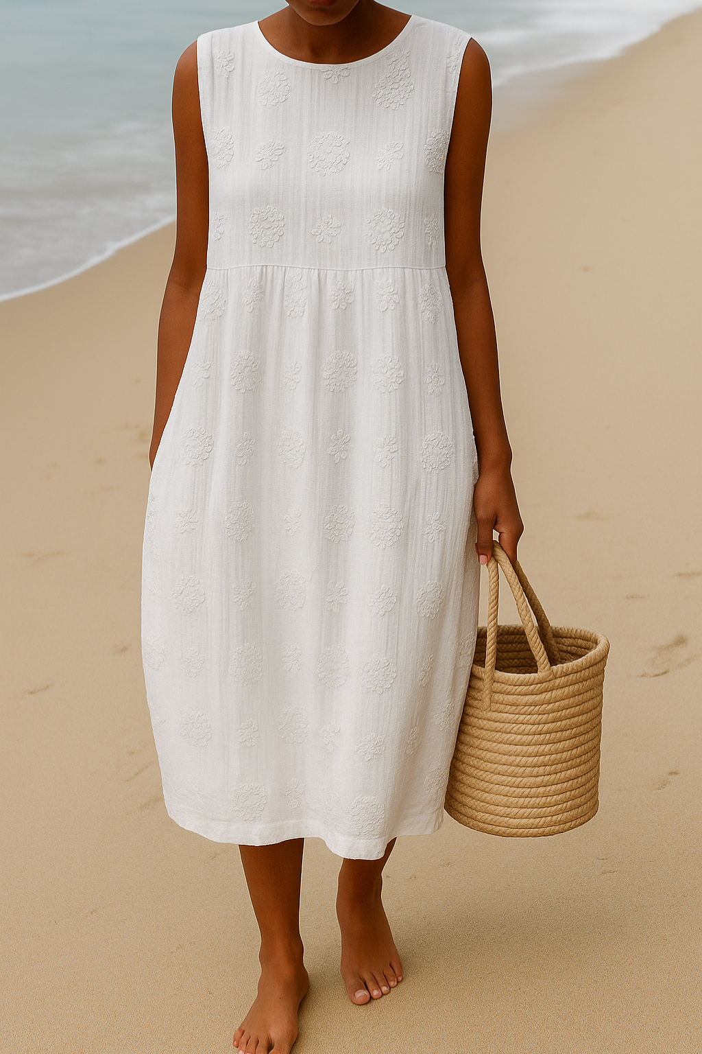 Model wearing a comfortable, versatile women's sleeveless midi dress with embroidery, ideal for summer casual.